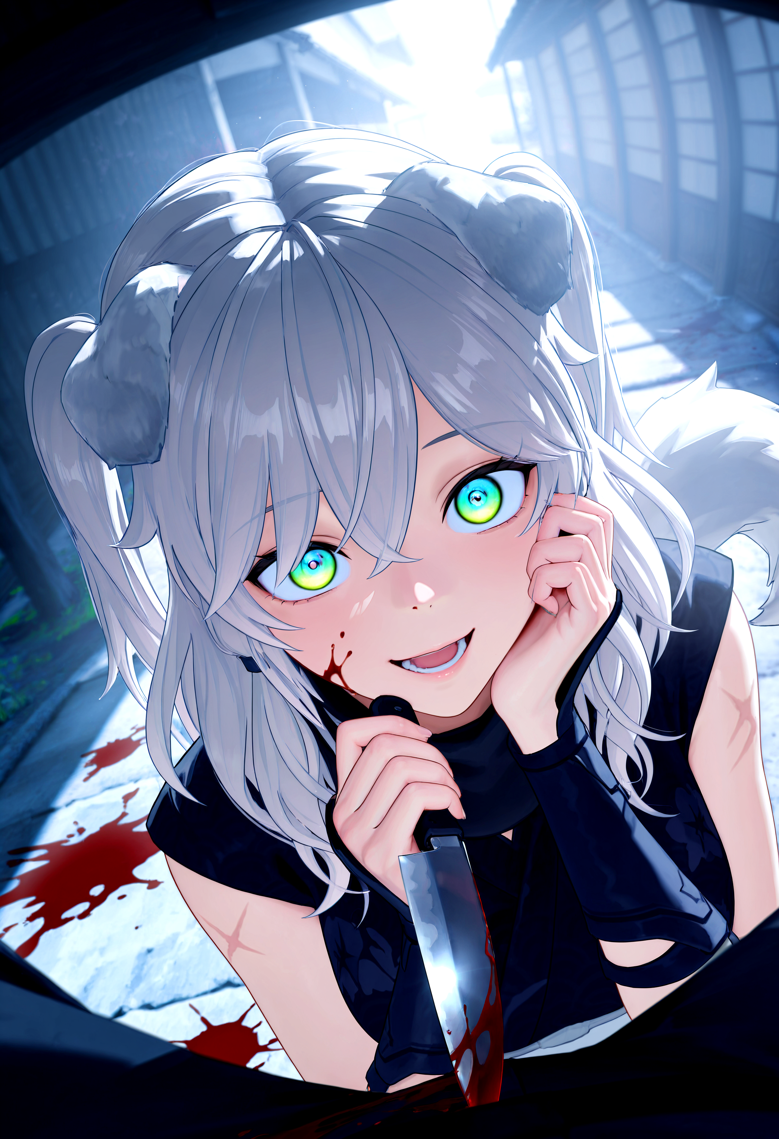 HDR, 8K, high contrast, masterpiece, best quality, amazing quality, very aesthetic, high resolution, ultra-detailed, absurdres, newest, scenery, dynamic angle, gw_karyn, 1girl, animal ears, dog ears, multicolored eyes, blue eyes, green eyes, grey hair, messy hair, bangs, hair between eyes, two side up, dog tail, scar, teeth, open mouth, blood on face, smile, crazy eyes, holding knife, hand on own cheek, upper body, kimono, ninja, japanese clothing, backlighting, from above, dutch angle, close-up, (colorful), (((blood splatter))), fisheye, fog, smoke, BREAK, photorealistic, beautiful detailed eyes, detailed skin, detailed hair, volumetric lighting, dappled light, light particles, dramatic shadows, cinematic lighting, photo background, depth of field, <lora:IL\KMS_GW_Karyn_IL:0.7>