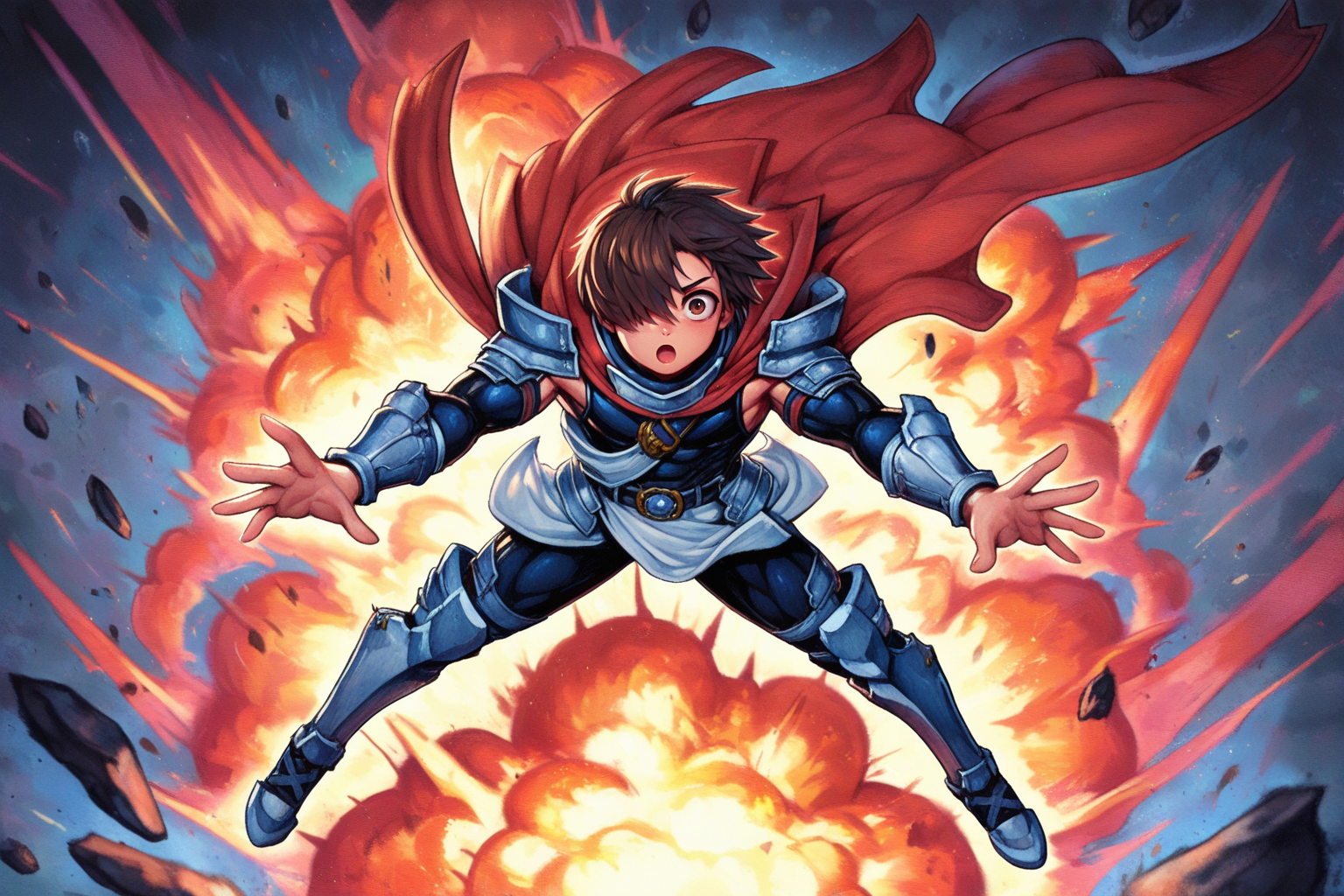 masterpiece,best quality,amazing quality, hatching (texture), FMIXF, vibrant details, vibrant colors, GOHPROT, 1boy, male focus, toned male, short hair, hair over one eye, brown hair, brown eyes, red cape, shoulder armor, black sleeveless bodysuit, white toga, belt, belt buckle, waist armor, vambraces, greaves, full body, explosion background, from above, explosion, falling, hands outstretched, panic, shock, straight-on, looking at viewer