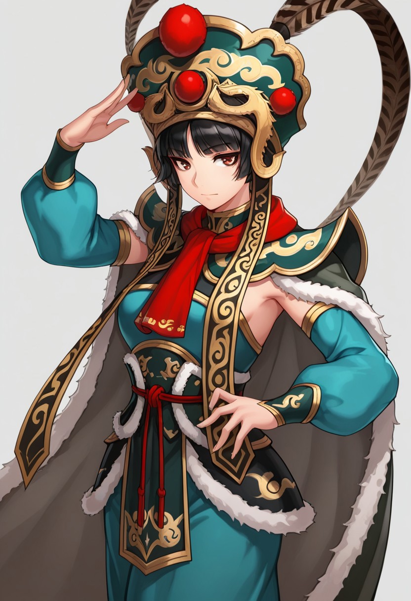 masterpiece, highly detailed, best quality, very aesthetic, absurdres, , Mian, 1girl ,solo , detached sleeves ,peking opera hat , feathers ,fur cape ,shoulder armor ,unworn mask ,short hair, cowboy shot