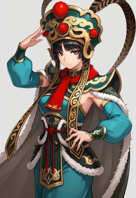masterpiece, highly detailed, best quality, very aesthetic, absurdres, , Mian, 1girl ,solo , detached sleeves ,peking opera hat , feathers ,fur cape ,shoulder armor ,unworn mask ,short hair, cowboy shot