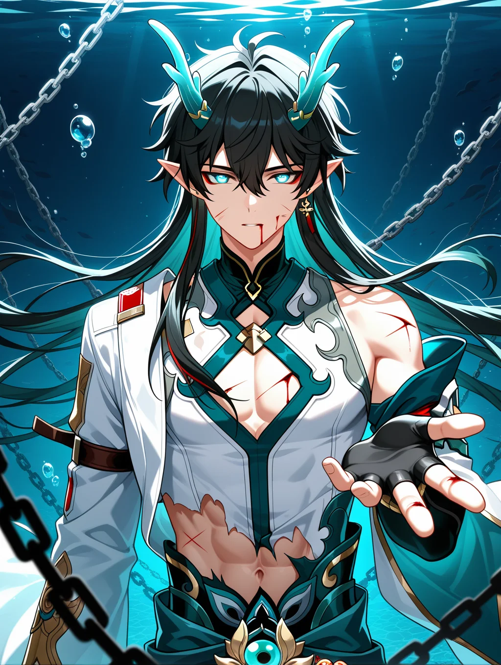 1boy, male focus, dan heng \(honkai: star rail\), dan heng \(imbibitor lunae\) \(honkai: star rail\), honkai: star rail, honkai \(series\),
abs, air bubble, bishounen, black hair, blood, blood from mouth, blue eyes, bubble, chain, chained, cuts, dragon boy, dragon horns, earrings, fingerless gloves, gloves, glowing, glowing eyes, hair between eyes, horns, injury, jewelry, long hair, looking at viewer, navel, pointy ears, reaching, reaching towards viewer, solo, toned, toned male, torn clothes, underwater, upper body, detached sleeves, long sleeves, green horns, green eyes, bleeding, red eyeliner, makeup, chinese clothes, bare shoulders, water, pectorals, black gloves, blood on face, outstretched hand, dragon install
,masterpiece,best quality,amazing quality,