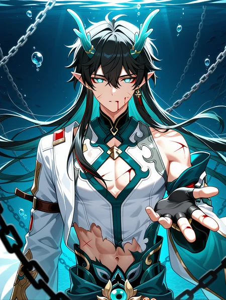 1boy, male focus, dan heng \(honkai: star rail\), dan heng \(imbibitor lunae\) \(honkai: star rail\), honkai: star rail, honkai \(series\),
abs, air bubble, bishounen, black hair, blood, blood from mouth, blue eyes, bubble, chain, chained, cuts, dragon boy, dragon horns, earrings, fingerless gloves, gloves, glowing, glowing eyes, hair between eyes, horns, injury, jewelry, long hair, looking at viewer, navel, pointy ears, reaching, reaching towards viewer, solo, toned, toned male, torn clothes, underwater, upper body, detached sleeves, long sleeves, green horns, green eyes, bleeding, red eyeliner, makeup, chinese clothes, bare shoulders, water, pectorals, black gloves, blood on face, outstretched hand, dragon install
,masterpiece,best quality,amazing quality,