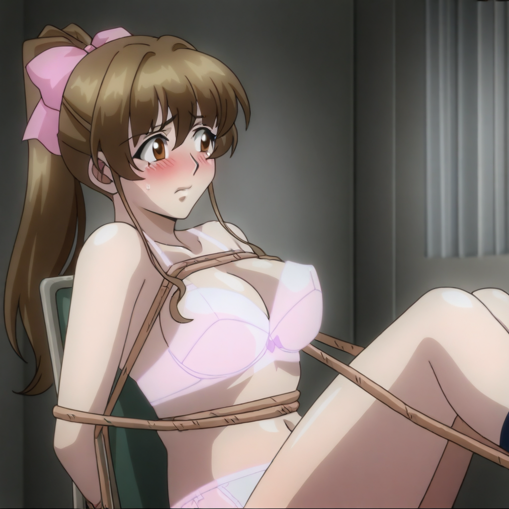 (SH1ZUK4SUN0H4R4:1.4), an anime styled image,1girl, brown hair, long hair, ponytail, hair bow, brown eyes, mature female, medium breasts, perky breasts, solo, cleavage, looking to the side, blushing, embarrassed, pink panties, pink bra, masterpiece, best quality, good quality, newest, indoors, dungeon, bdsm, restrained, sitting