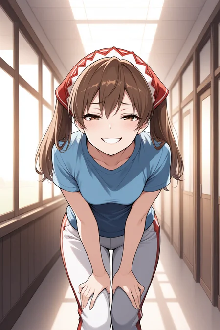 masterpiece, best quality, 1girl, solo, <lora:vcalicia-illu-nvwls-v1-000006:1> vcalc, twintails, brown hair, long hair, brown eyes, red headscarf, grin, half-closed eyes, smug, looking at viewer, blue t-shirt, white pants, track pants, hallway, house, leaning forward