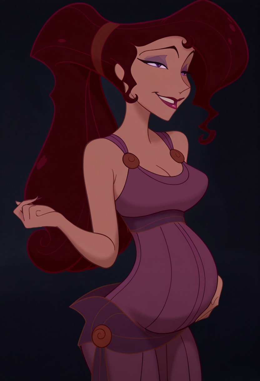 1girl, masterpiece, best quality, amazing quality, absurdres, <lora:Megara__Illustrious:1> m3g4r4, megara (hercules disney), long hair, tied hair, brown hair, purple eyes, purple Greek dress, cleavage, sexy makeup, lipstick, pregnant, smiling, flirtatious, seductive,