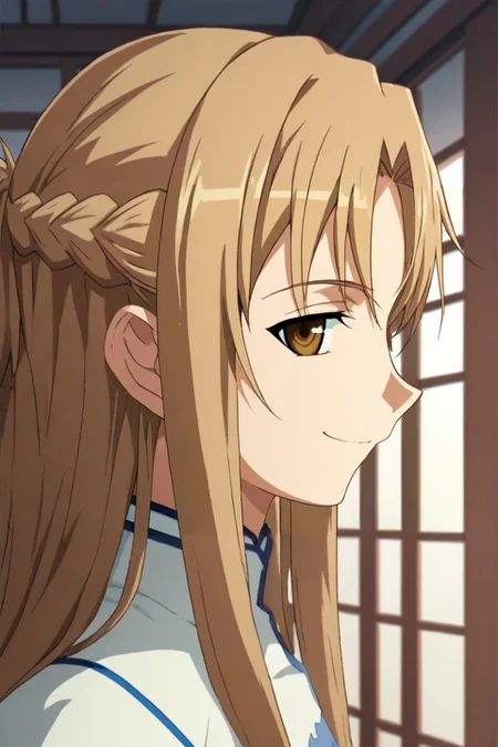 score_9, score_8_up, score_7_up, rating_safe, , looking at viewer, , 1girl, asuna \(sao\), sword art online, brown hair, brown eyes, solo, from side, skytree, indoors, light, w arms, half-closed eyes, smile, <lora:fsn_style_pony:1.18>, fsn_style, , <lora:sdxl_lightning_8step_lora:1>