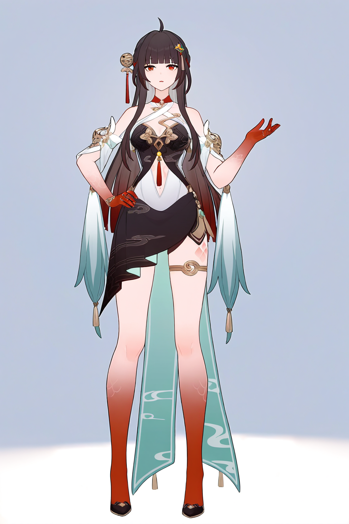 8k, best quality, masterpiece, (ultra-detailed), (high detailed skin), 
full body, full shot, standing, looking at viewer, (solo:1.2), simple background, white background, hand on own hip, 
<lora:lingsha-a3-Tanger-000014:0.8>, lingsha, default clothes, red hands, red feet, black dress, 1girl, long hair, black hair, breasts, ahoge, 
A full-body portrait of a young girl, standing gracefully, pastel art style, high-key lighting, shoujo manga influence, hd quality, delicate details,