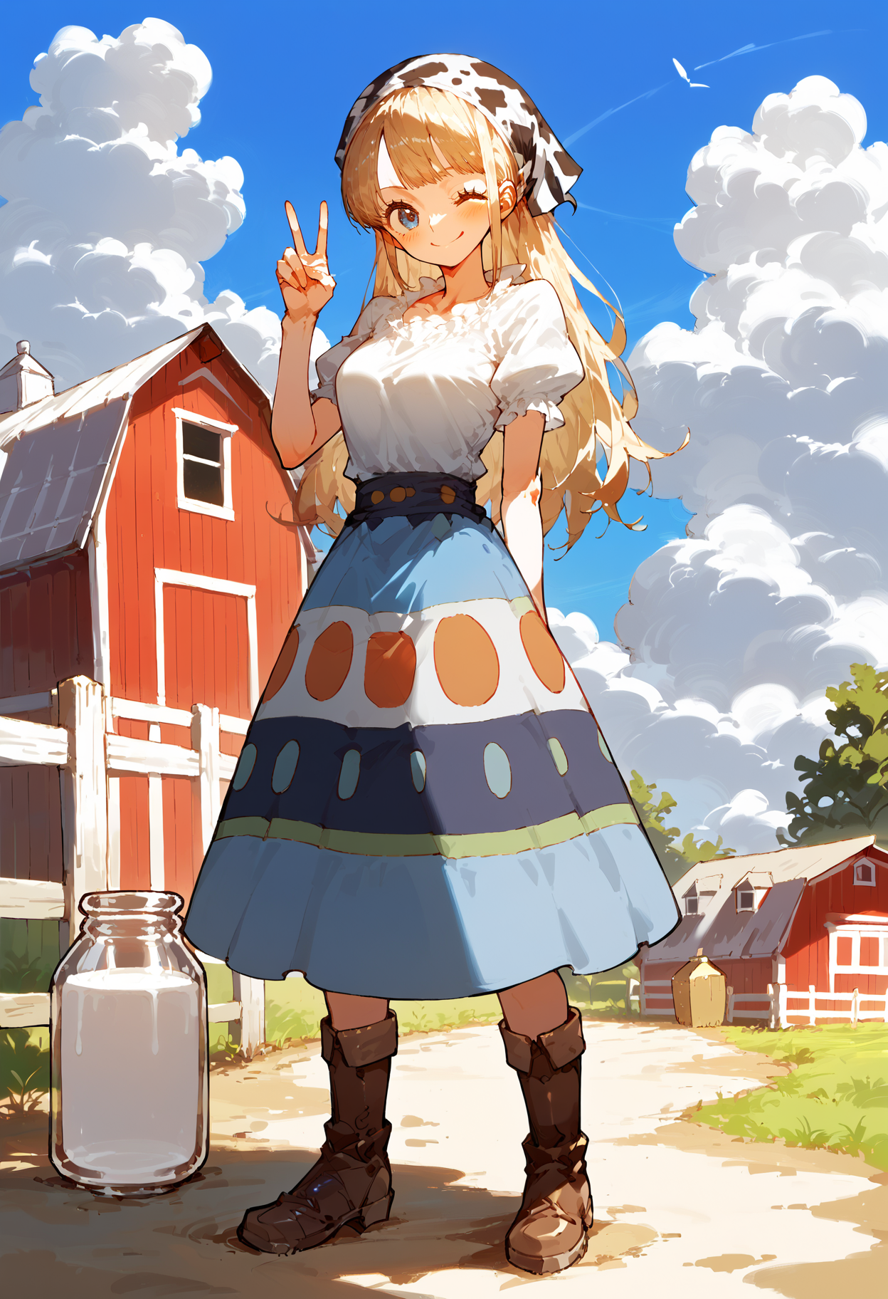 score_9, score_8_up, score_7_up, source_anime, RythModaOPPony, 1girl, full body, standing, skirt, dress, bandana, looking at viewer, peace sign, holding milk jar, brown boots, wink, smile, outdoors, farm, blue sky, cloudy,   <lora:ModaOPPony-101:1>