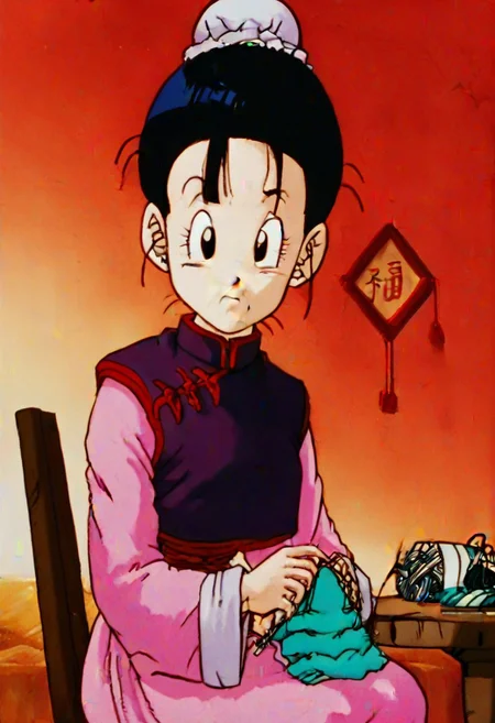 source_anime, score_9, score_8_up, score_7_up, anime screencap,8k, absurd res,
((Chi-Chi)), ((future)), 1girl, solo, looking at viewer, black hair, long sleeves, dress, holding, jewelry, sitting, upper body, earrings, hair bun, anime coloring, black eyes, frown, chinese clothes, table, single hair bun, china dress, bun cover, retro artstyle, 1990s \(style\), indoors, (style), needle, yarn, sewing, (purple dress), pink skirt, purple sash,
<lora:chichi_pony_v2:0.8>