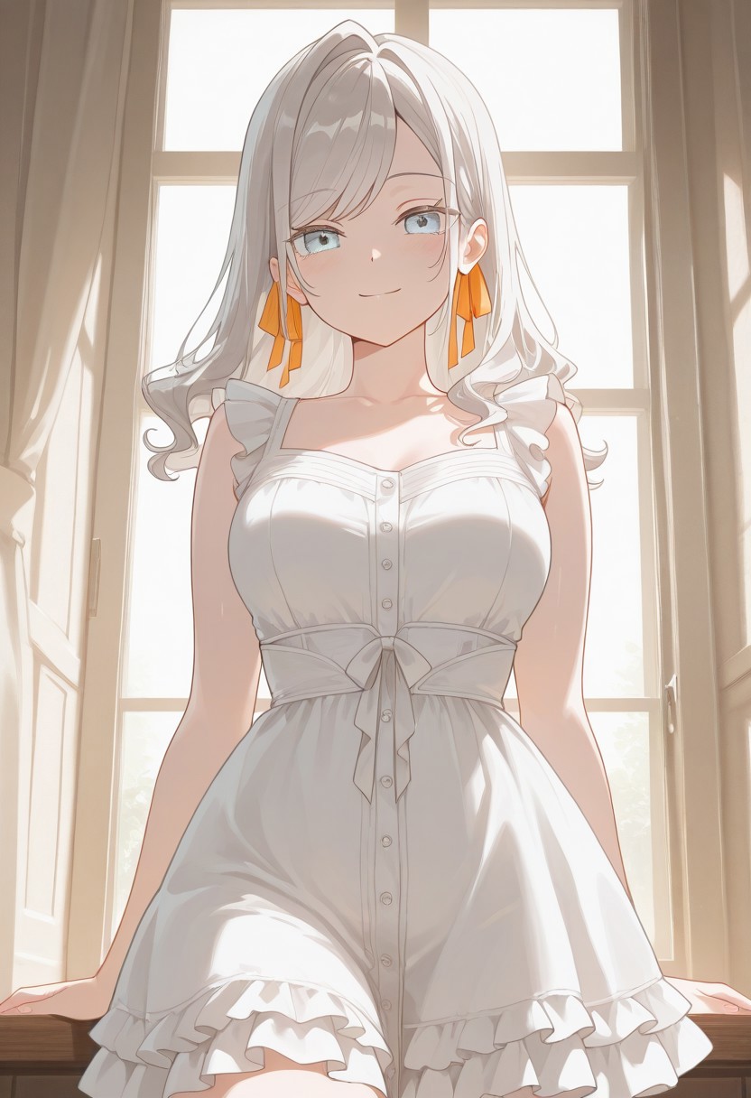 masterpiece,best quality,amazing quality,absurdres, looking at viewer, ceras_yl, white hair, grey hair, light blue eyes, medium breasts, ribbon behind ears, white dress, frills, frilled dress, sleeveless dress, smile