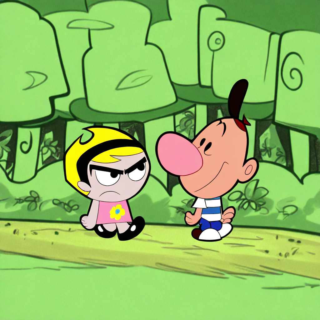 masterpiece, best quality, ba_m, (1boy, billy, hat), (1girl, mandy, hairband), walking, forest, looking at another