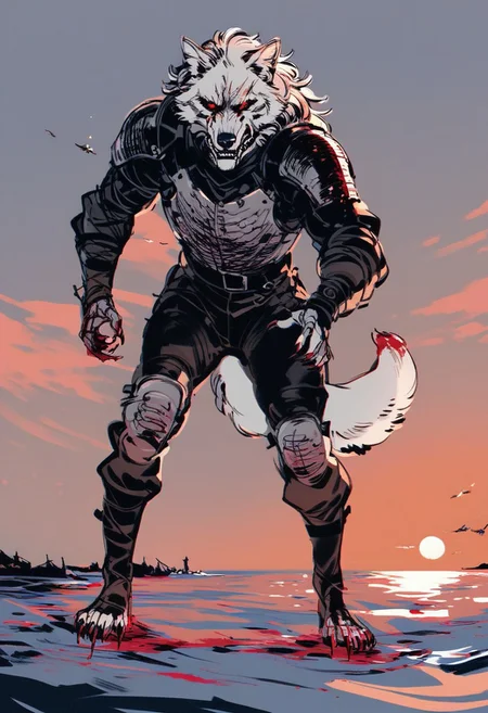 yoji_shinkawa,sketch, Giant wolf, dynamic pose, (perspective:1.2), close up cuts, scratches, wounds, red eyes, teeth, white fur, tail, dripping blood, full body, scary, leather armor, medieval armor, beach, sea, sunset, blood <lora:Yoji_v2-000014:0.85>, score_8_up, score_7_up, score_6_up