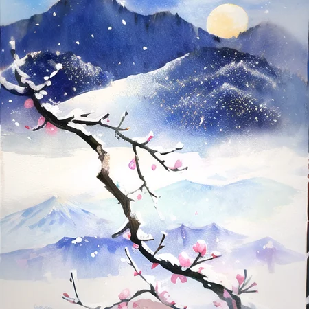 peach blossom, mountain, snow,