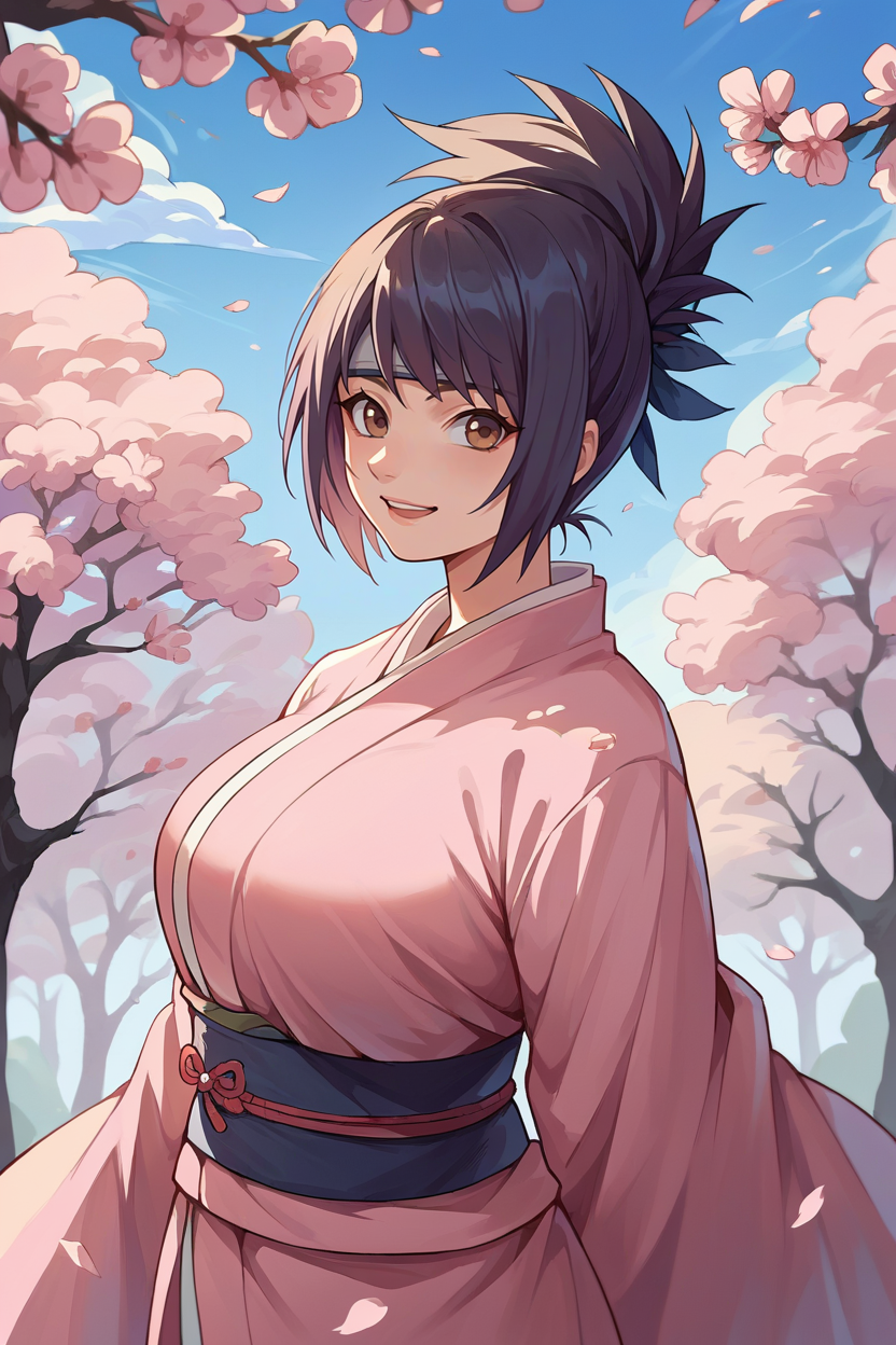 score_9, score_8_up, score_7_up, score_6_up, source_anime, 1girl, solo, <lora:anko-pdxl-nvwls-v1-000006:1> mitanko, folded ponytail, black hair, brown eyes, pink kimono, big breasts, looking at you, sash, happy, cherry blossoms, blue sky