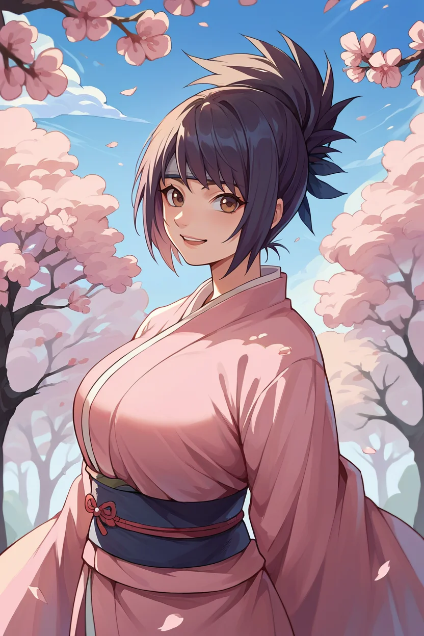 score_9, score_8_up, score_7_up, score_6_up, source_anime, 1girl, solo, <lora:anko-pdxl-nvwls-v1-000006:1> mitanko, folded ponytail, black hair, brown eyes, pink kimono, big breasts, looking at you, sash, happy, cherry blossoms, blue sky