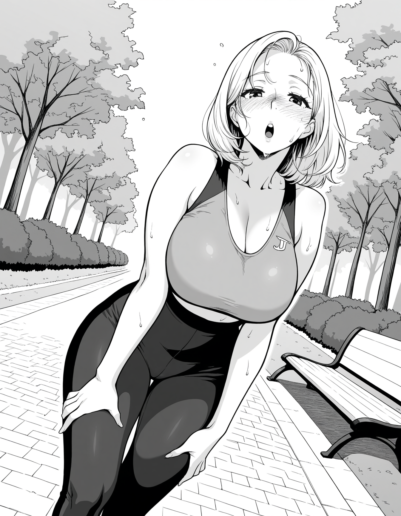 masterpiece, best quality, amazing quality, uncensored, <lora:Jingrock_-_Love_Letter-000008:0.8>, j1ngr0ck, monochrome, greyscale, 
1girl, medium hair, mature, sportswear, yoga_pants, looking at viewer, gasp, blonde hair, 
in summer, day, dynamic_angle, park, lawn, bench, path, cowboy shot, sweat, hands on own legs, from below, walking,