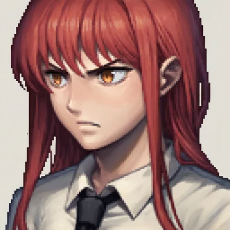 score_9, score_8_up, score_7_up, source_anime BREAK, fedsportraits, portrait, white background, solo, 1girl, mak1ma0, red hair, long hair, ringed eyes, white collared shirt, black necktie. Her expression is angry