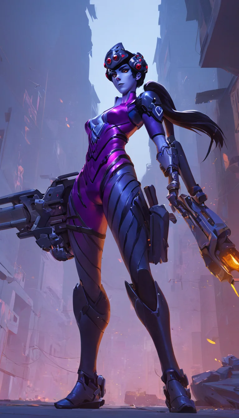 concept art Cinematic scene, hero view, Widowmaker, Overwatch <lora:widowmaker_xl_v1:1>, action pose, detailed background, masterpiece, best quality, high quality, absurdres . digital artwork, illustrative, painterly, matte painting, highly detailed