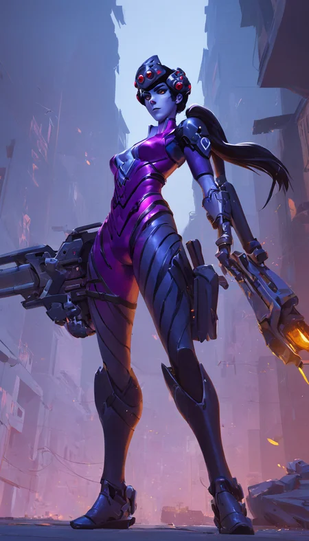 concept art Cinematic scene, hero view, Widowmaker, Overwatch <lora:widowmaker_xl_v1:1>, action pose, detailed background, masterpiece, best quality, high quality, absurdres . digital artwork, illustrative, painterly, matte painting, highly detailed