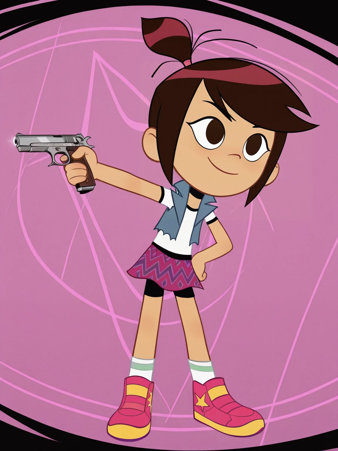 <lora:Molly_McGeeIL:0.7> 1girl, m_m, almond-shaped dark brown eyes, straight dark brown hair, small high ponytail,pink hair tie, white-and-black shirt, ripped jean vest, black biker shorts, magenta skirt with purple pattern, white socks, pink high-top sneakers with star,
pistol in hand, dynamic pose,