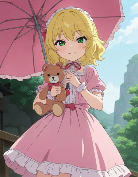best quality,masterpiece, 4k, uncensored, prefect lighting, rating_explicit
1girl, solo,
sakurai momoka, blonde hair, green eyes, bangs, short hair,wavy hair
skrmomoka_CC, pink dress
,smile ,cowboy shot, looking at viewer
teddy bear, holding, stuffed animal, stuffed toy, pink umbrella,holding umbrella, holding stuffed toy,day,outdoors
,newest,official art
<lora:sdxl_lightning_8step_lora:1> <lora:sakuraimomoka_animagine_v1:0.6>
