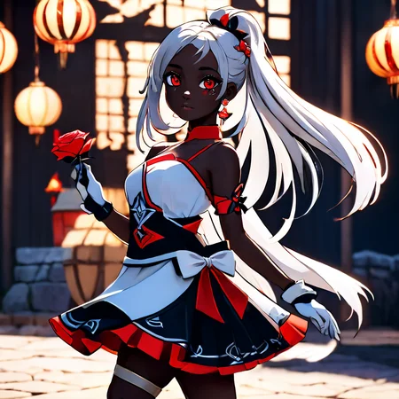 1girl, 3d, black background, cinematic lighting, dark skin, dress, fingerless gloves, genshin_mualani, gloves, hair ornament, long hair, profile, red eyes, sandals, simple background, skirt, solo, white gloves, white hair <lora:Genshin_Mualani_pony:1> <lora:aidma-Image Upgrader-v0.1:1> perfect hands <lora:MHXL_Scrantelly_Slimjane:1>