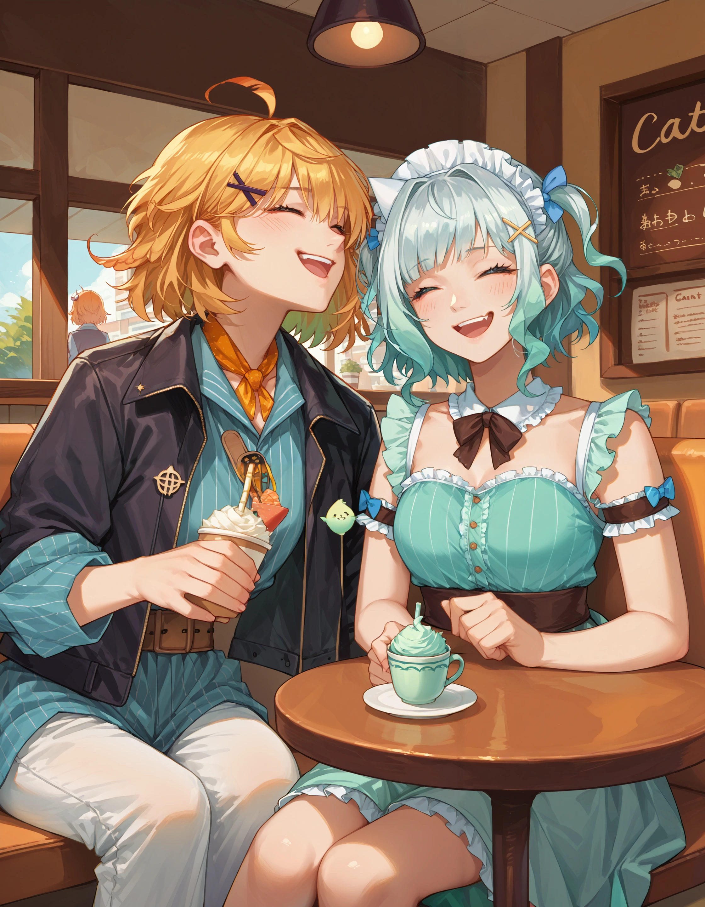 score_9, score_8_up, score_7_up, source_anime,
cafe, 2girls, sitting together, laughing
ADDCOMM
2girls, dokibrd, smile, skin fang, black jacket, open jacket, white pants
ADDCOL
2girls, mint fantome \(frilly\), maid headdress, smile, apron
 <lora:char_dokibird-bounty-pony:1> <lora:char_mintfantome-v2-pony_1_res:1>