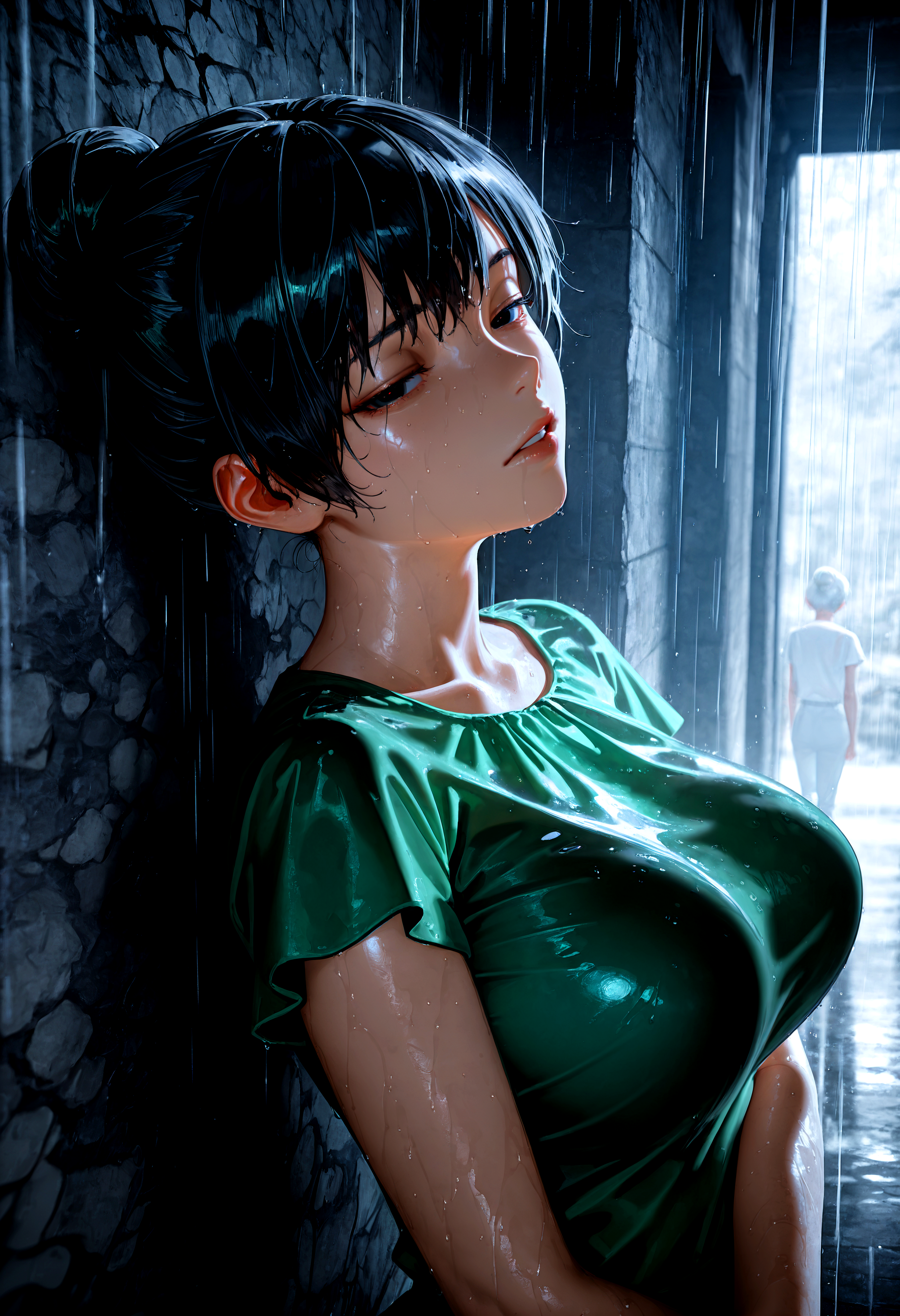 HDR, 8K, high contrast, masterpiece, best quality, amazing quality, very aesthetic, superabsurd res, high resolution, ultra-detailed, absurdres, newest, scenery, (horikoshi kouhei:0.3), (quasarcake:0.3), (wlop:0.3), lightrays, chiaroscuro, dynamic angle, solo, devoted wife_rina, 1girl, mature female, plump lips, black eyes, black hair, short hair, bangs, single hair bun, huge breasts, hug her arms, half closed eyes, parted lips, green blouse, short sleeves, upper body, raining, wet, white theme, head slightly back, tilt head, looking at viewer, glowing, epic, backlighting, partially illuminated, Intricately designed, Mysterious Shadows, BREAK, photorealistic, beautiful detailed eyes, detailed skin, detailed hair, volumetric lighting, dappled light, light particles, dramatic shadows, cinematic lighting, photo background, depth of field, <lora:ponyxl\cfg_scale_boost:0.7> <lora:IL\KMS_Devoted_Wife_Rina_IL-000007:1>