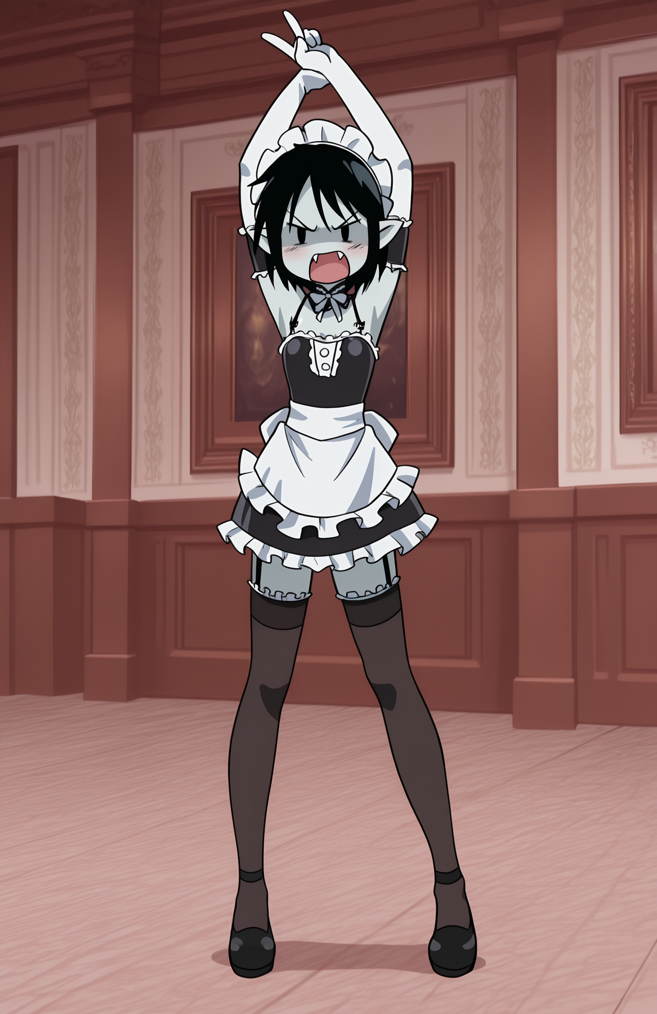 <lora:anatomy_helper:0.8> 1girl, solo, <lora:KoWaGo-IL:0.8> himm,
<lora:adventuretime_marceline:0.7> adventuretime_marceline, black hair, pointy ears, black eyes, solid oval eyes, fangs, light grey skin,
koremaid, bare shoulders, elbow gloves, white gloves, detached collar, arm garter, garter straps, spaghetti strap, black thighhighs, frilled thighhighs, maid headdress, black footwear,
indoors, mansion, fancy, hate , angry,  loathing , v-shaped eyebrows,,arms raised in the air, extend arms straight out, extremely detailed, highres, masterpiece, best quality