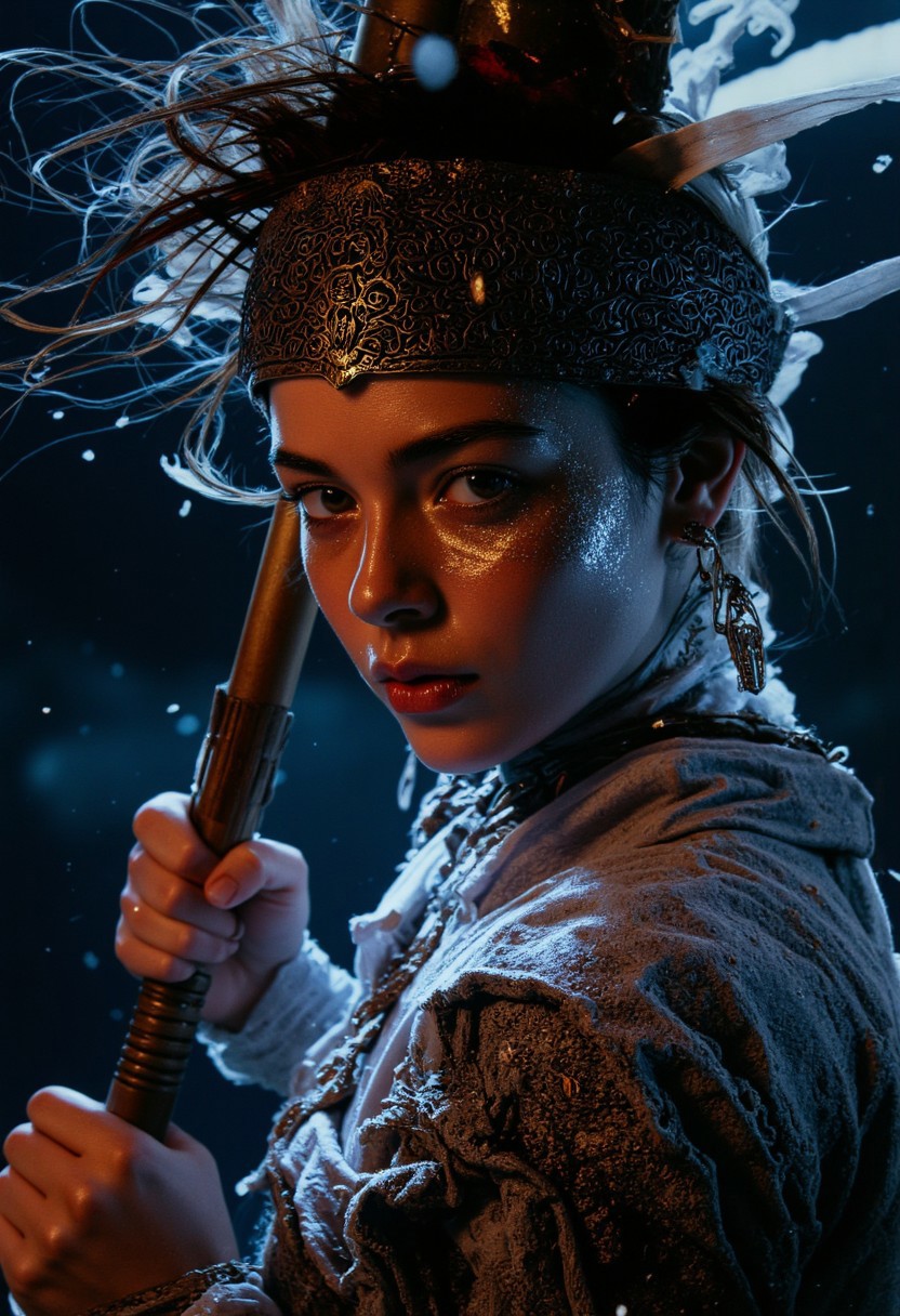 Extreme Face Closeup, A cinematic extreme close-up of a warrior reimagined as a terrifying DARK skinned witch. She is grimly smirking, her expression one of superiority, with magical, Polynesian-like runes glowing across her face. Her mouth is slightly opened in a menacing, while her poison aura escapes into the eerie air. Her translucent skin glows faintly, as though made of magic, with intricate patterns shimmering across her face. Her wide eyes exude both beauty and terror, contrasting with the eerie perfection of her ethereal form. A wind blows her headband back dramatically, adding to her powerful presence as she holds an ancient, magical wooden oar in her hand. Backlighting creates a dramatic, atmospheric glow, illuminating the swirling snowflakes in the air and emphasizing the sharp angles of her confident visage. The scene is chilling, intense, and hauntingly beautiful.