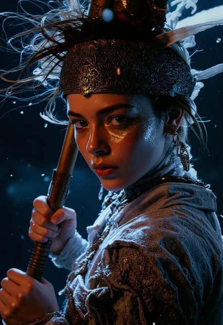 Extreme Face Closeup, A cinematic extreme close-up of a warrior reimagined as a terrifying DARK skinned witch. She is grimly smirking, her expression one of superiority, with magical, Polynesian-like runes glowing across her face. Her mouth is slightly opened in a menacing, while her poison aura escapes into the eerie air. Her translucent skin glows faintly, as though made of magic, with intricate patterns shimmering across her face. Her wide eyes exude both beauty and terror, contrasting with the eerie perfection of her ethereal form. A wind blows her headband back dramatically, adding to her powerful presence as she holds an ancient, magical wooden oar in her hand. Backlighting creates a dramatic, atmospheric glow, illuminating the swirling snowflakes in the air and emphasizing the sharp angles of her confident visage. The scene is chilling, intense, and hauntingly beautiful.