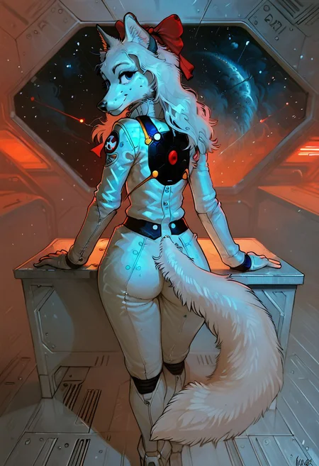 score_9, score_8_up, score_7_up, score_6_up, anthro,1dk,twink,skinny, fay, furry,white fur,solo,in spaceship,long hair,space suit,smiling,detailed face,full body,standing at battle station,looking back at viewer, ,wide hips ,ass focus,standing over table,hands on table,buttons,lights,switches,facing away from viewer,