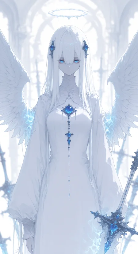 masterpiece, best quality, good quality, newest, highres, absurdres, 1girl, solo, long hair, looking at viewer, blue eyes, long sleeves, hair ornament, dress, hair between eyes, closed mouth, very long hair, standing, upper body, white hair, weapon, wings, sword, white dress, blurry, glowing halo, blurry background, depth of field, expressionless, gem, polearm, feathered wings, puffy long sleeves, angel wings, white wings, arms at sides, long bangs, straight-on, angel, double-parted bangs, blue gemstone, white theme,
bloom, medium breasts, r17329_illu,
xxx667_illu, <lora:illustriousXL_stabilizer_v1.23:0.3> <lora:NOOB_vp1_detailer_by_volnovik_v1:0.3> <lora:ponyv6_noobE11_2_adamW-000017:0.3> <lora:USNR_STYLE_XL_lokr:0.45> <lora:XXX667:0.7> <lora:r17329_illuu:0.5>