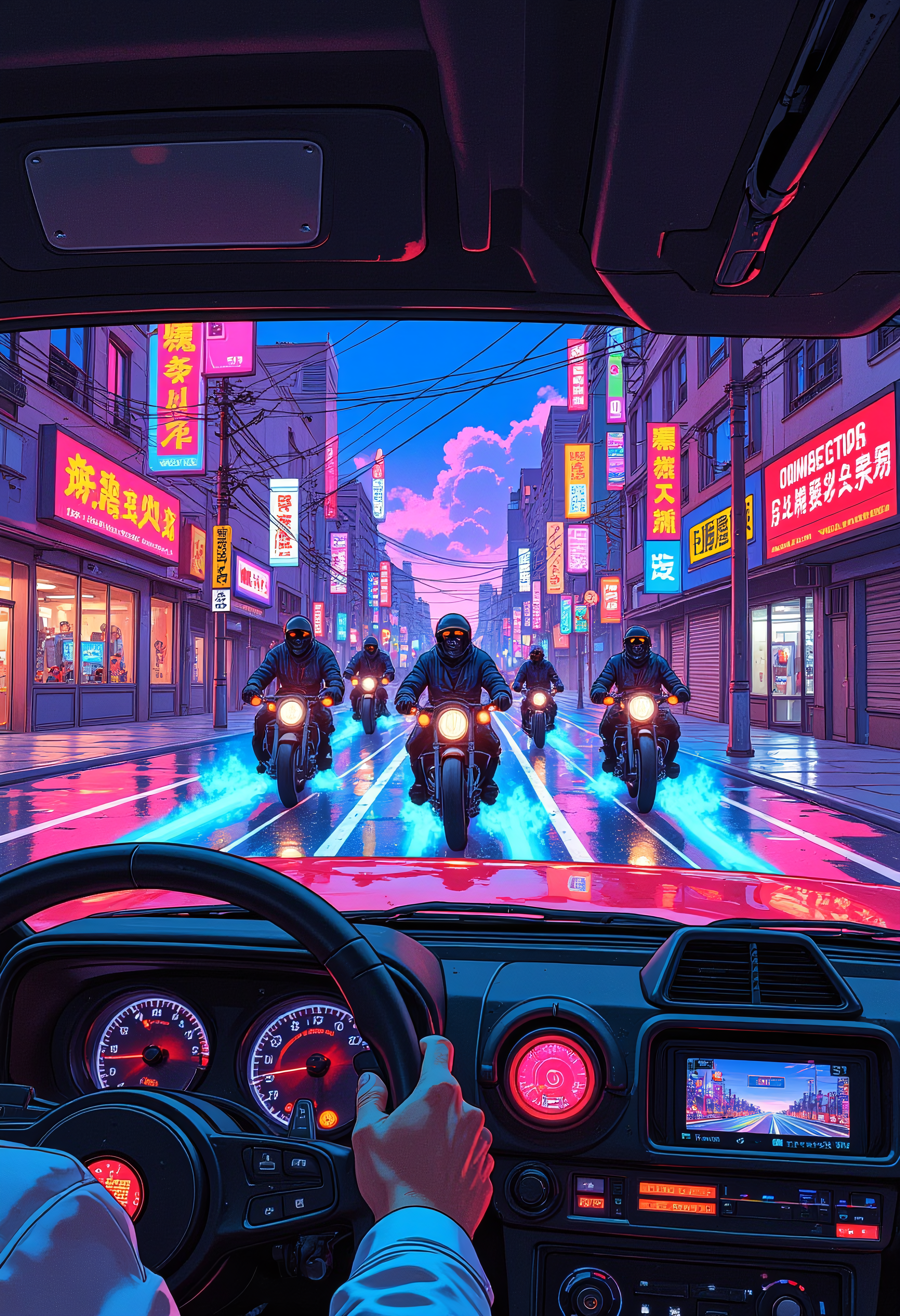 A high-speed car chase through a cyberpunk city that somehow still has 80s hair metal billboards. A slick-haired action hero in a white blazer grips the wheel of a cherry-red DeLorean, synthwave reflections streaking across his sunglasses. In the rearview mirror, a gang of masked goons on futuristic motorcycles, each trailing electric-blue flames, closes in. The road ahead is lined with glowing signs for video arcades and VHS rental stores, warping in the heat of the chase.