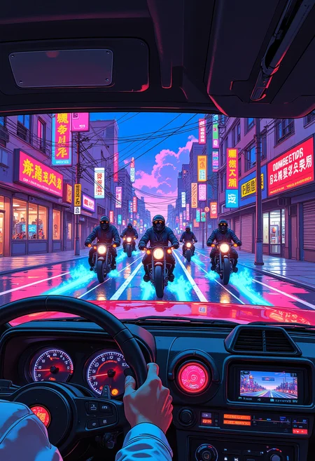 A high-speed car chase through a cyberpunk city that somehow still has 80s hair metal billboards. A slick-haired action hero in a white blazer grips the wheel of a cherry-red DeLorean, synthwave reflections streaking across his sunglasses. In the rearview mirror, a gang of masked goons on futuristic motorcycles, each trailing electric-blue flames, closes in. The road ahead is lined with glowing signs for video arcades and VHS rental stores, warping in the heat of the chase.