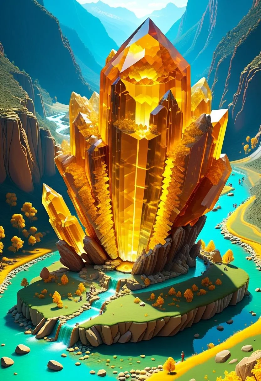 ispzxll, diorama, isometric, miniature, volumetric lighting style, intricate details, massive citrine crystal formation, natural setting, deep valley with river in background, crowds of people gathered, tourists, cameras, taking pictures, news helicopter