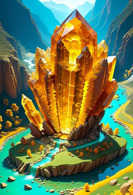 ispzxll, diorama, isometric, miniature, volumetric lighting style, intricate details, massive citrine crystal formation, natural setting, deep valley with river in background, crowds of people gathered, tourists, cameras, taking pictures, news helicopter