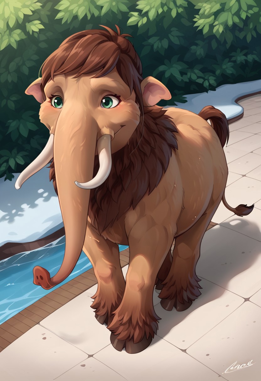 BREAK score_9_up score_8_up score_7_up, source_furry, view from above, bright light, from behind, Peaches (Ice Age), mammoth, elephant, light brown fur, brown hair, green eyes, horse tail, long bangs, trunk, tail, smile,