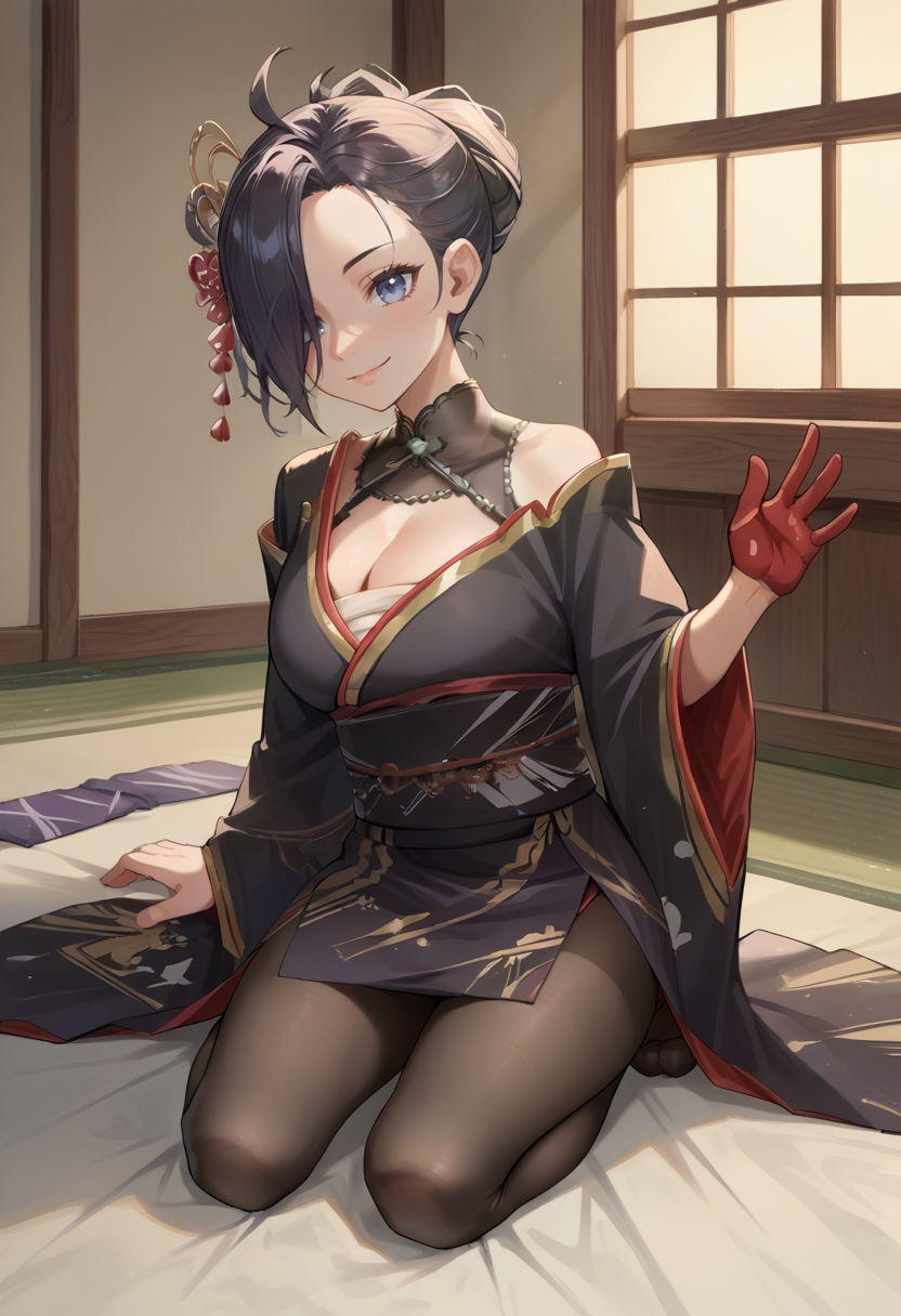 score_9, score_8_up, score_7_up, source_anime, KsonKimono, hair bun, hair over one eye, short hair, black hair, blue eyes, hair ornament, black kimono, sash, red gloves, single glove, black pantyhose, indoors, on floor, seiza, kneeling, smile, <lora:ChamKsonPonyXL:1>