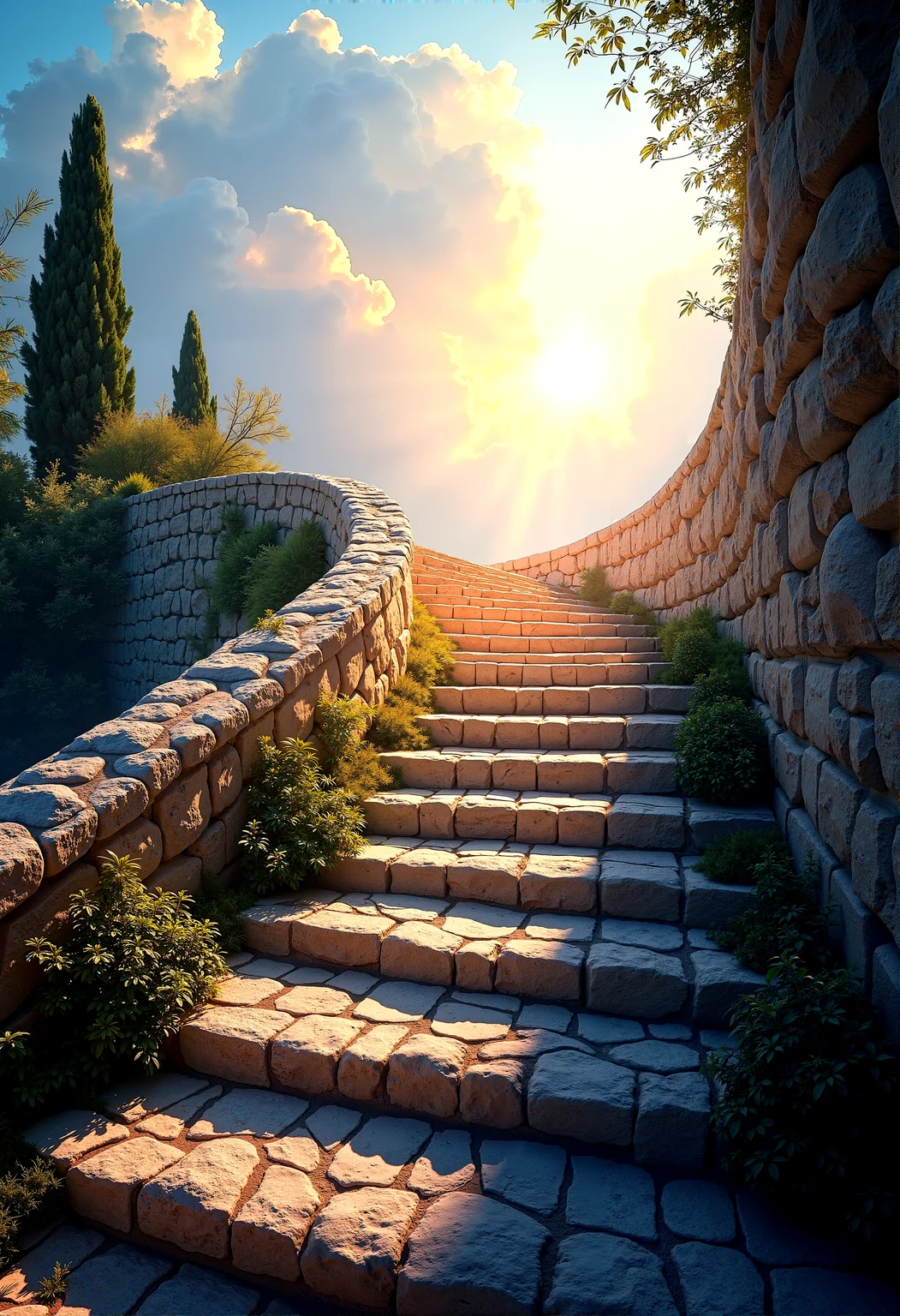 photorealistic image of a stairway to heaven from a far,curvy pathway, birds eye view, background revealing bright lights, fluffy clouds, etherial atmosphere, detail stairway steps made of cobblestone, roman architecture, godrays, rainbow lens flre, weeds growing between stairs, extremely intricate detail,
in POV