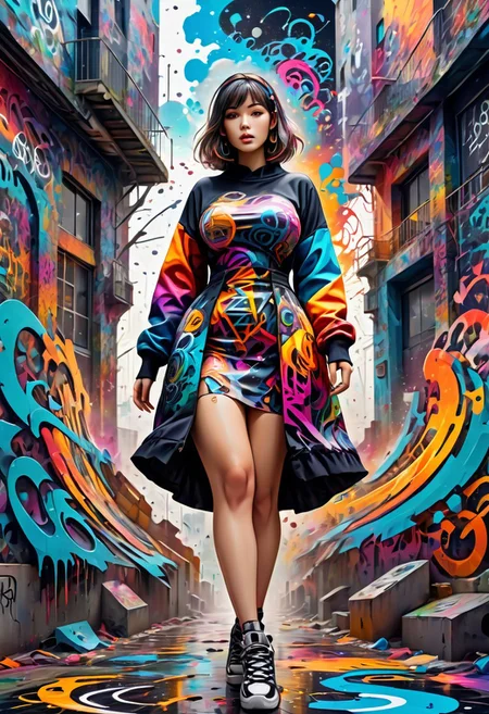 (((masterpiece))), (((best quality))), anime style, 2d, colorful, Timeless, ( 1girl, solo:1.3), curve body, big breasts, ripped abs, wide hips, wide thighs, she is wearing Graffiti Street Art fashion style Dress, detailed background, in focus, Contemporary, Bimbocore, 64K, HDR, otherworldly, womanly, celestial, fabulous colors, beautiful, illustrious quality, deep aesthetic, Jed-Splash, colourful, <lora:ColourfulStyle:0.7>