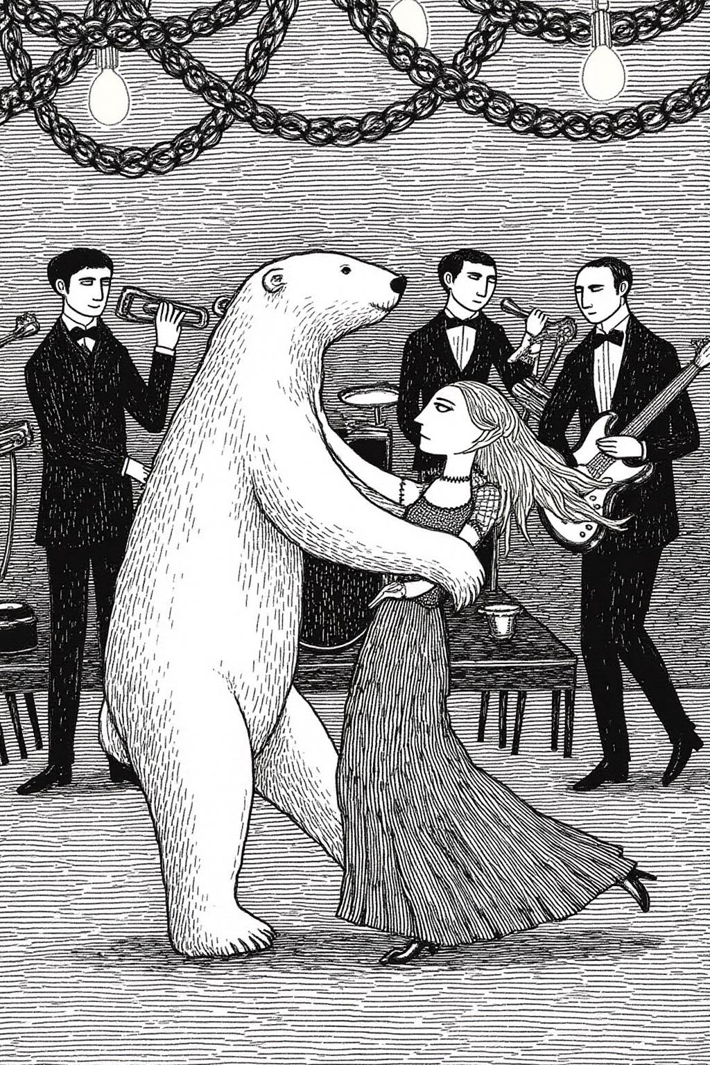 edwardgorey1 illustration.
A couple dancing with a polar bear at a jazz club. A band is playing in the background. <lora:edwardgorey1_d8a4e9:1.0><lora:864755803414880816:0>