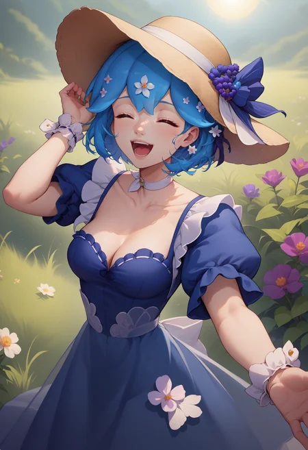 score_9, score_8_up, score_7_up, source_anime, 1girl, solo, <lora:Bao_XLPD:1>, BaoSpring, blue hair, bangs, short hair, hair ornament, medium breasts, cleavage, white choker, collarbone, puffy sleeves, blue dress, flower, sun hat, short sleeves, wrist cuffs, skirt, see-through, <lora:Beckoning_XLPD:0.8> beckoning, reaching towards viewer, closed eyes, open mouth, happy,