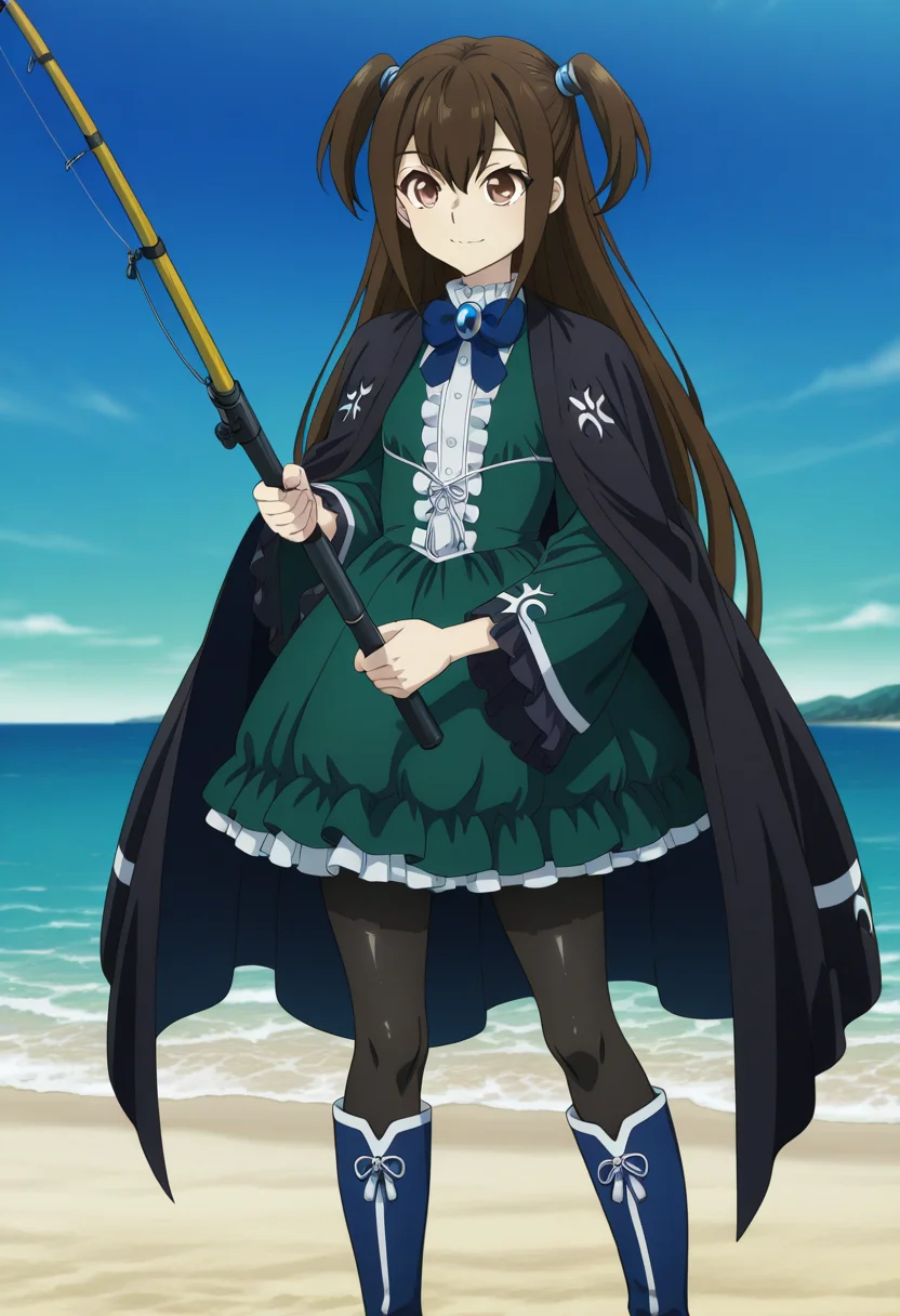 anime screencap, anime coloring, anime colored background, detailed background, detailed face, shiny skin, shiny hair, absurdes, highres, dynamic pose, masterpiece, best quality, official art, cel shaded, graphic illustration, digital painting, CGI, very detailed, amazing quality, intricate details, dynamic pose, HDR, UHD, 8K, Fineline illustration, Highly detailed, ultra-fine painting, sharp focus, Professional, Vivid Colors
BREAK
<lora:Kizuna_Kazayama_Illustrious:0.9>, Kizuna kazayama, 1girl, solo, long hair, brown hair, bangs, sidelocks, hair between eyes, two sides up, hair ornament, brown eyes, small breast, blue bowtie, blue brooch, black cape, green dress, black pantyhose, blue knee boots, standing, holding fishing rod, fishing, light smile
BREAK
outside, beach, daytime, blue sky, <lora:add-detail-xl:1> <lora:DetailedEyes_V3:1> <lora:hand 5.5:1>