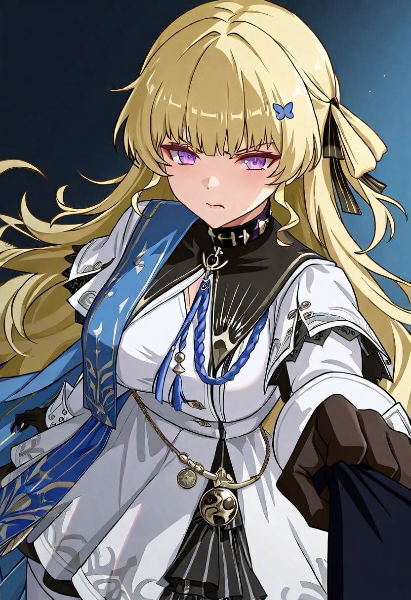 1girl, solo, phoebe wuthering waves, blonde hair, purple eyes, black gloves, blue sash, side cape, blue cape, long sleeves, white dress, white pantyhose, looking at viewer,
grabbing viewer by collar, angry, furrowed brow, pov collar grab, dim alleyway, mid-range, dynamic angle, tense confrontation, dramatic lighting
, <lora:Character_Phoebe-000015:0.8>