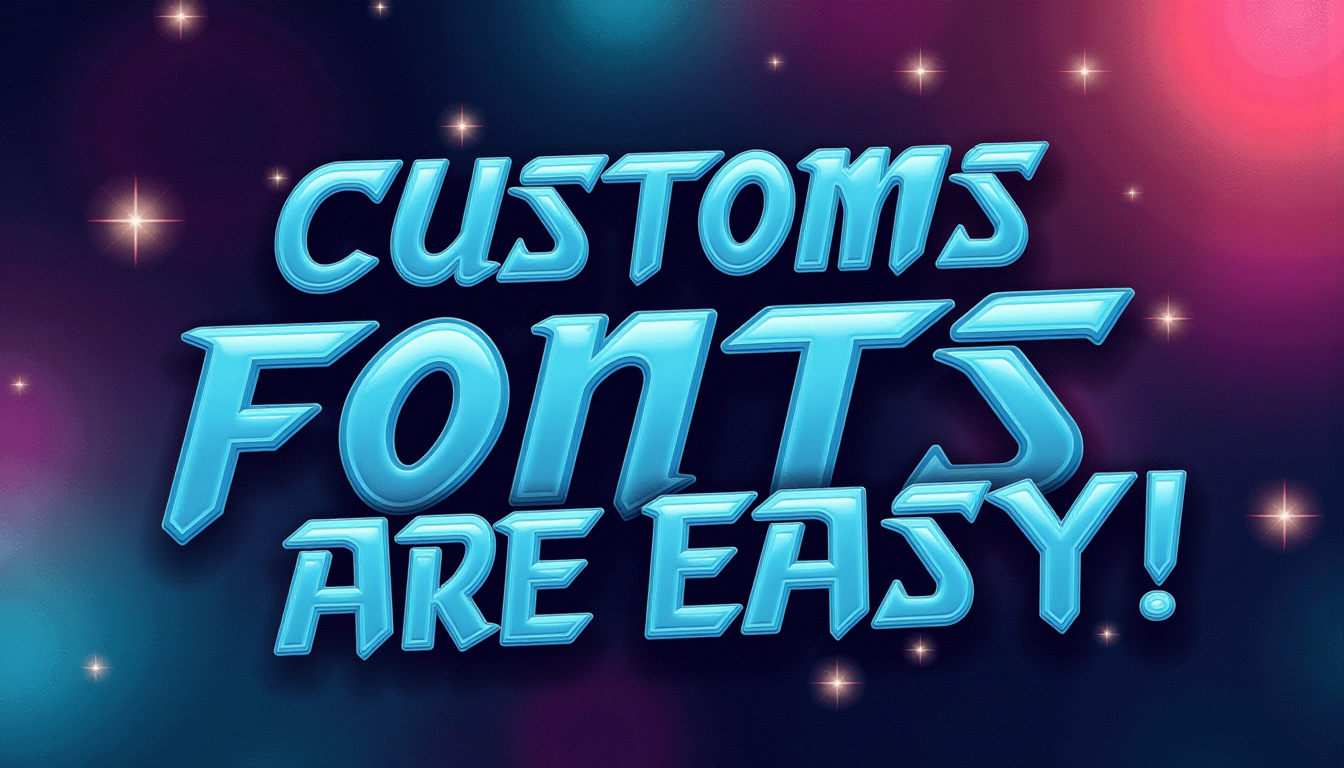 <lora:SC2Font:0.5>A SC2StyleFont text that says "Custom Fonts are easy!" in Powder Blue letters, over a colorful Interstellar murmurs, synthesis background. Under the text, draw an icon that captures the meaning of the words