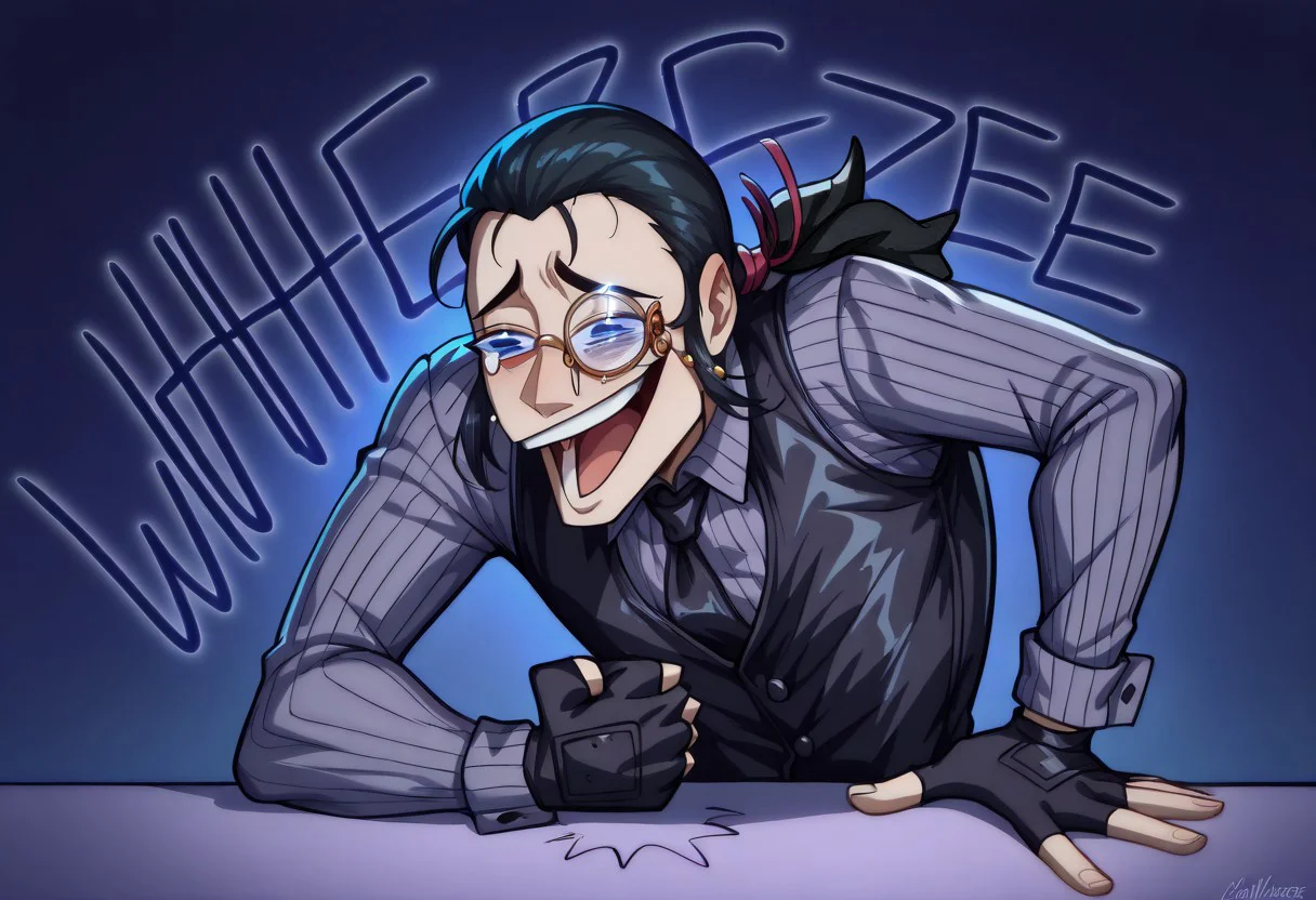 masterpiece, best quality, newest, absurdres, highres, 1boy, wheeze, upper body, laughing, tears, clenched hand, crying, english text, hand on table, open mouth, 1Boy, DarkWalter, blue eyes, black hair, back slicked ponytail, hair ribbon, monocle, monocle over left eye,black tie, black vest, black pinstripe shirt, black fingerless gloves, 