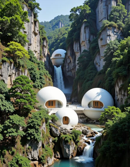 Futura. A photo-realistic shoot from a bird's eye view about a serene landscape featuring three spherical structures nestled among lush greenery and cascading waterfalls. the image also shows a tranquil river winding through the lush green mountainsides, surrounded by dense vegetation and towering cliffs. on the center of the image, three white, spherical structures with wooden doors and windows are situated on a rocky cliff, creating a sense of depth and dimension. the structures appear to be floating, with a modern design, and are illuminated by natural light coming from the windows. the sky is clear and blue, and the overall atmosphere is peaceful and idyllic. <lora:Futura-000005:1>
