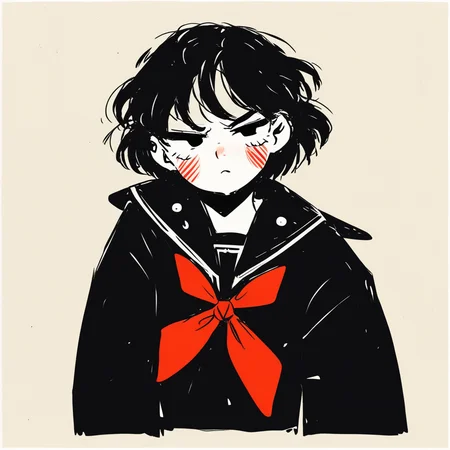 a boy in a sailor suit frowning