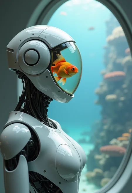 A detailed and intricate futuristic white android with a clear glass helmet piloted by a goldfish, swimming inside the helmet. The android and goldfish are looking out of a glass window in a futuristic building at a beautiful coral underwater city.